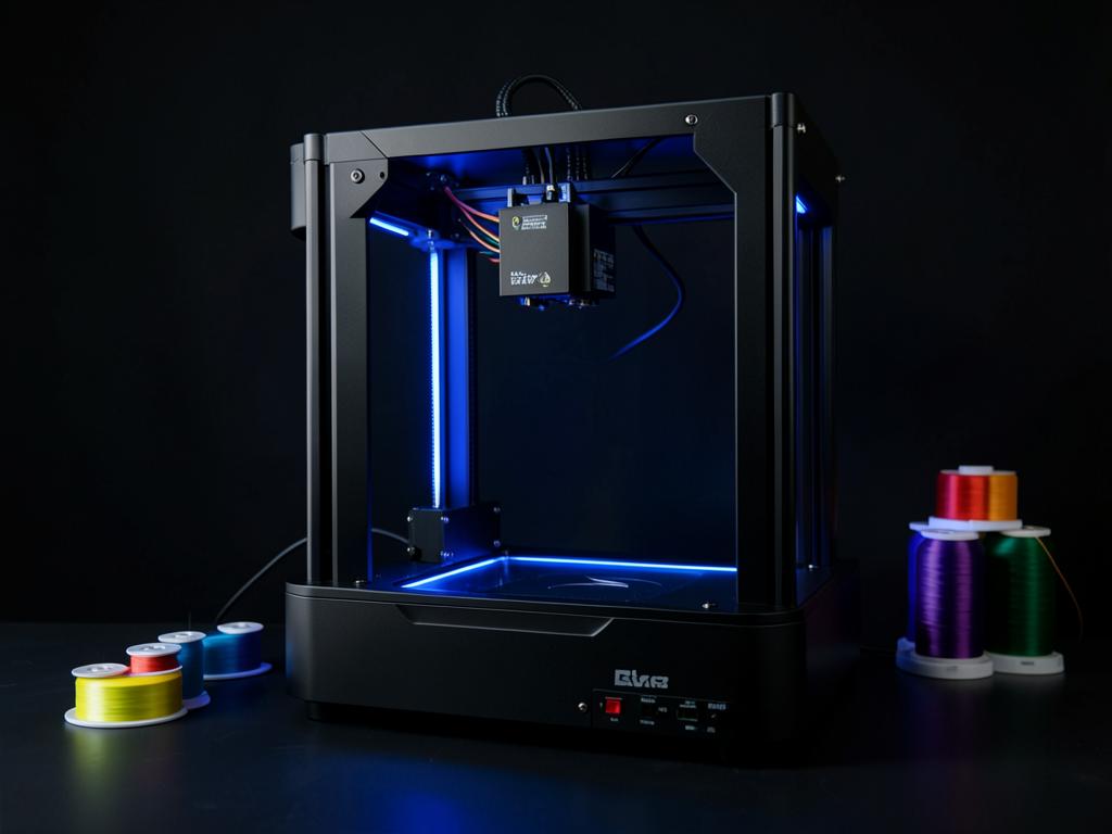 Enclosed desktop 3D printer with colorful filament spools in a dark studio