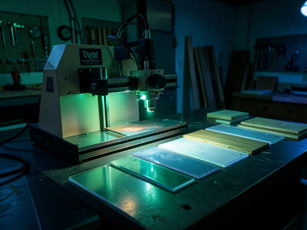 Laser engraver beside metal, wood and acrylic sample tiles in a workshop