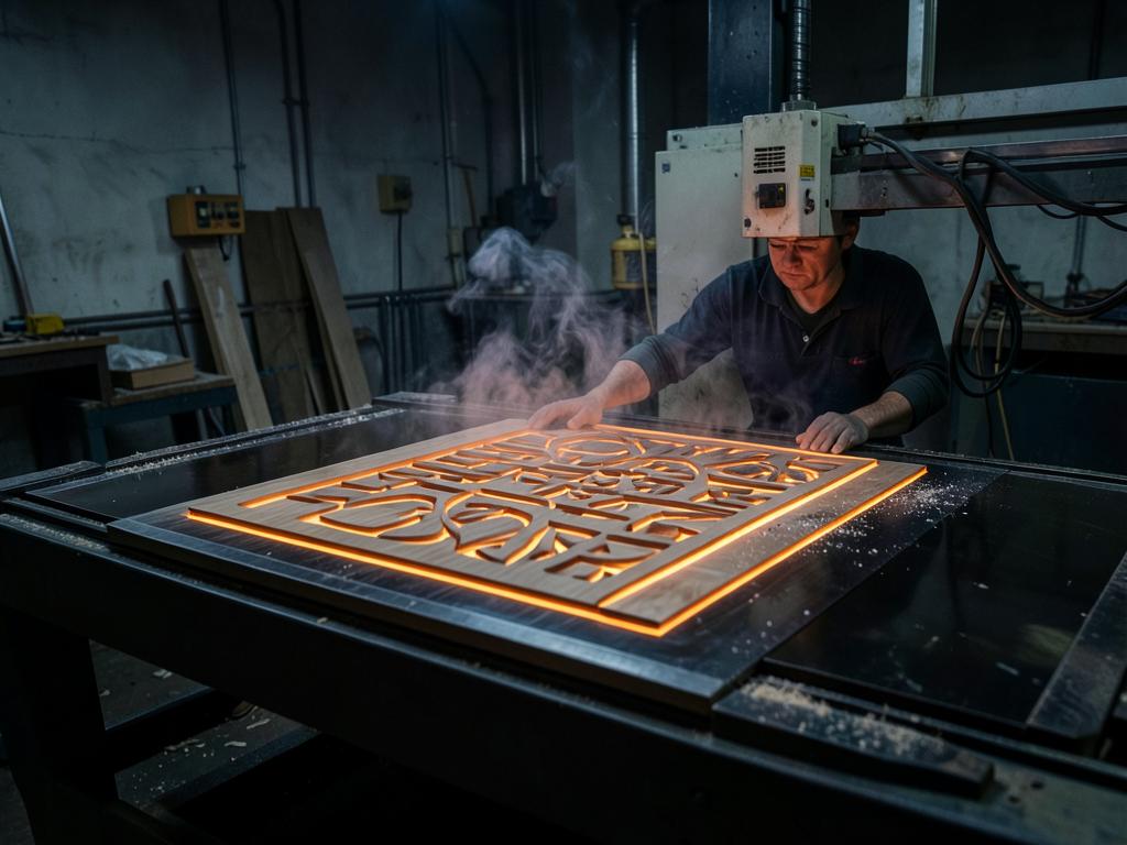 Large-format laser cutting an intricate wood sign panel