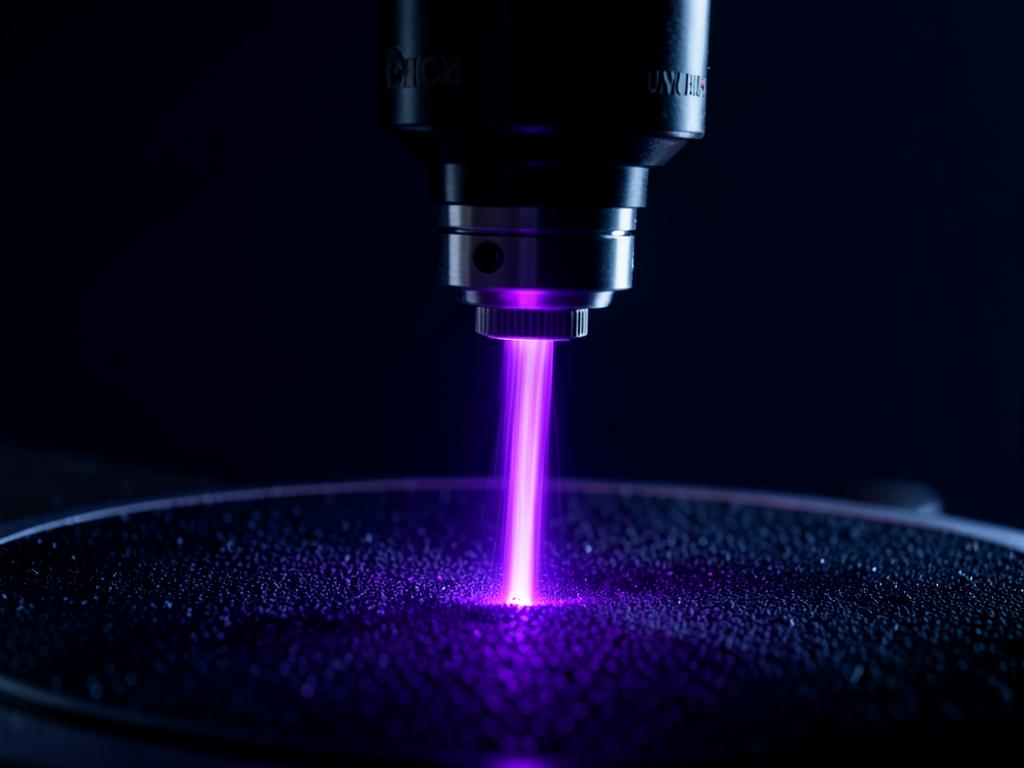 Ultraviolet laser engraving head projecting a fine violet beam onto a dark surface
