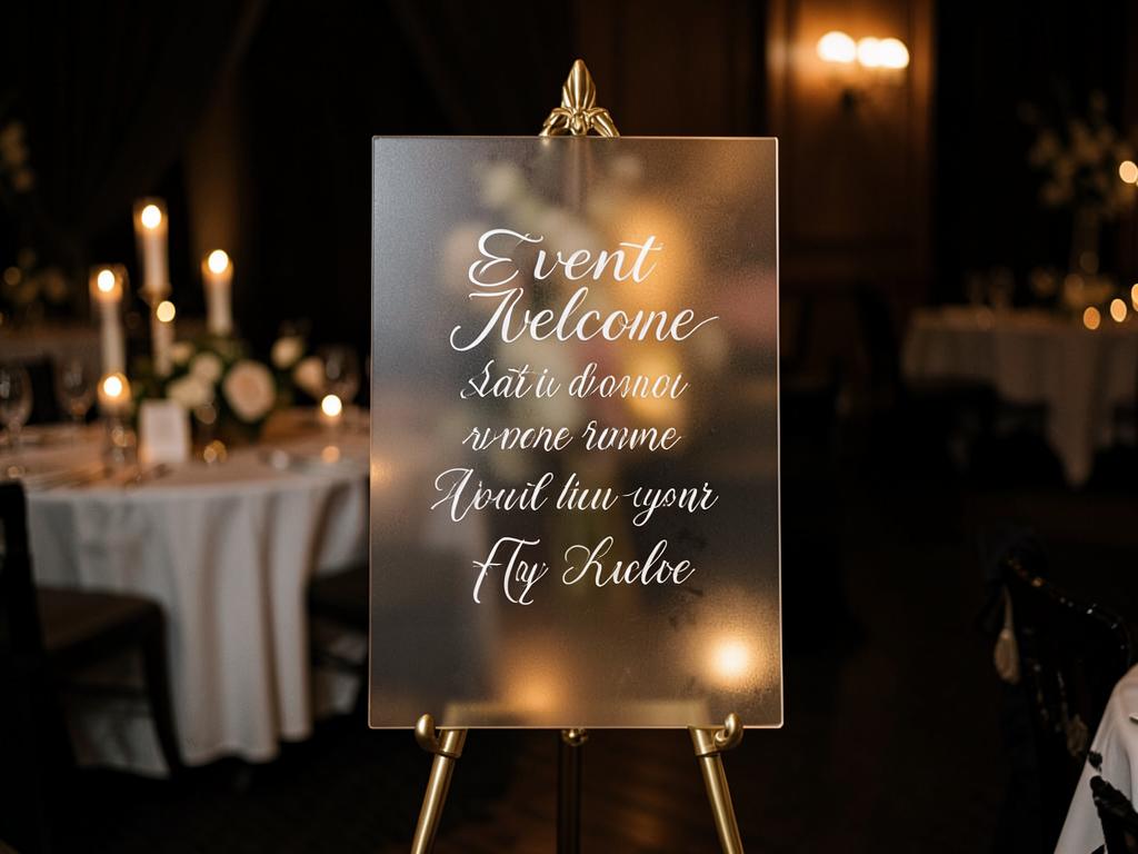 Engraved acrylic welcome sign displayed at an event