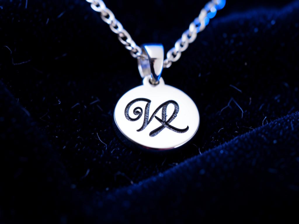 Close-up of a personalized engraved silver pendant necklace