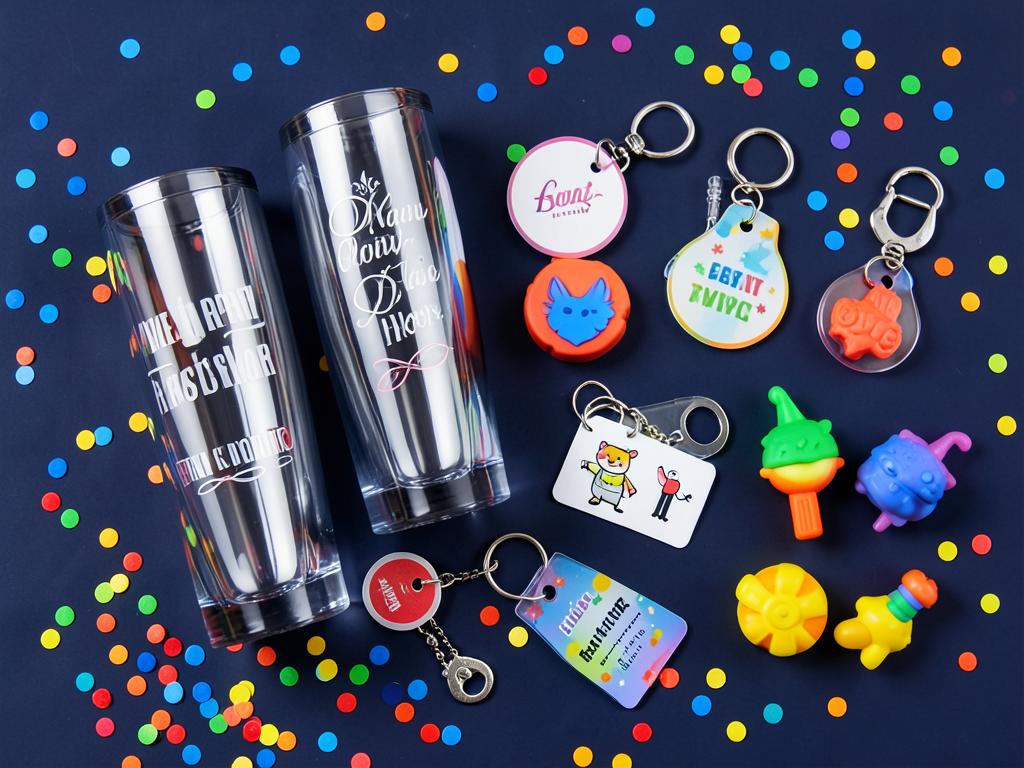 Assortment of branded keychains, engraved tumblers and 3D printed party favors